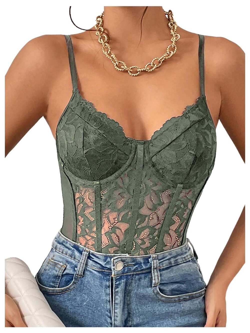 Womens Green Lace Bustier Cami Bodysuit Sleeveless Slim Sheer Mesh Corset, S